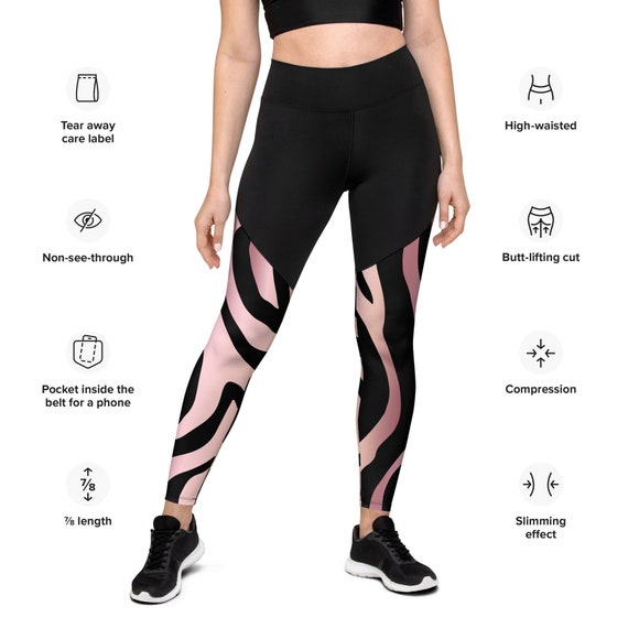 Rose Gold Zebra Print Compression Sports Leggings, Squat Proof Leggings,  High Waisted Leggings, Gym Leggings, Animal Print Legging 