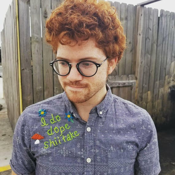 dope dress shirts I Do Dope Shittake Upcycled Short Sleeve Button Up Shirt Hip Hop Hand  Embroidery Kanye Dave Chapelle Veggie Indie One of A Kind