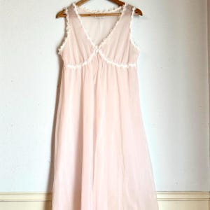 Vintage 1960s Palest Pink Sheer Nylon Boudoir Nightgown with Delicate White Lace Trim Details - Flattering Empire Waist & Bias Cut