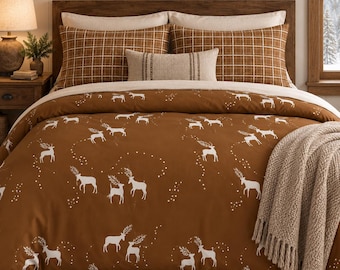 Cinnamon Woodland Deer Duvet Cover Set with Plaid Shams | Rustic Lodge Bedding | Reindeer Cabin Decor | Sister of the Divide