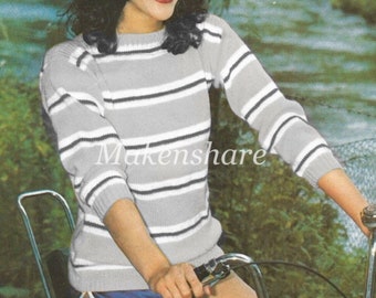 Knitting Pattern Ladies , Woman’s, Women’s Striped Pullover , Sweater , Jumper & Cap , DK , Light Worsted , 8 Ply Size 32-40in  81-101cm