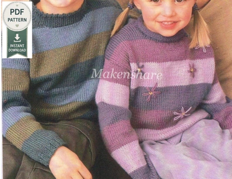 Children's Striped Sweater Knitting Pattern, DK, Size 20-30 Ages 1-11 (PDF Pattern)