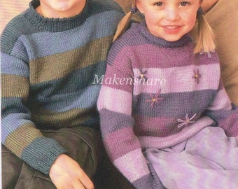 Knitting Pattern Childrens Sweater/ Jumper/ Pullover DK / Light Worsted Size 20-30 in 56-76cm Age 1 to 11