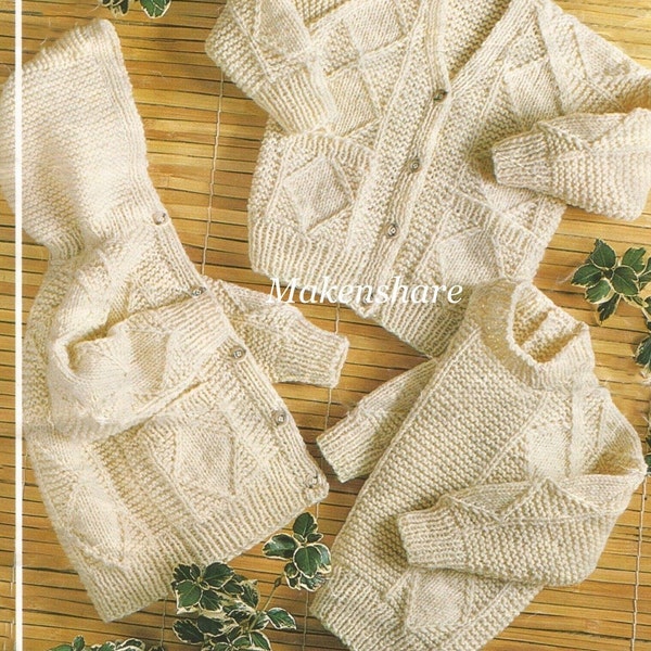 Knitting Pattern Baby/Girls/ Boys Aran/Fisherman Jumper/Sweater, Jacket/ Hoody & Cardigan size 20-28 in