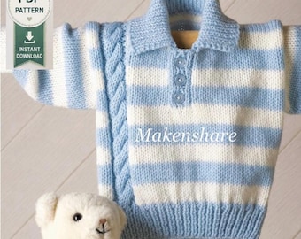 Könnte beinhalten: Ein gestrickter Pullover mit horizontalen hellblauen und weißen Streifen, einem Kragen mit drei Knöpfen und einem vertikalen Zopfmuster auf der linken Seite. Der Text PDF PATTERN INSTANT DOWNLOAD und Makenshare sind zu sehen.