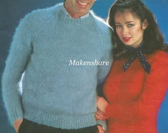 Patrón de tejido, tejido fácil, patrón de jersey de mohair, patrón de suéter, cuello en V, patrón de cuello redondo, talla 34-44 pulgadas (86-112 cm).