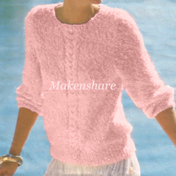 Knitting Pattern Ladies/Woman's Aran Mohair Cable Crew/Round Neck  size 34-40in