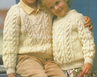 Knitting Pattern Children’s,  Boys , Girls ,Aran,Worsted ,V Neck & Round Neck, Sweater ,Jumper ,Pullover Cable Pattern ,Size 20-30in 50-75cm