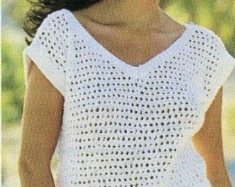 Knitting Pattern Ladies Summer Mesh Top/Lace Easy Knit Cotton DK /Light Worsted size 32in to 38in/81cm  to 97cm V Neck Front and Back Alike