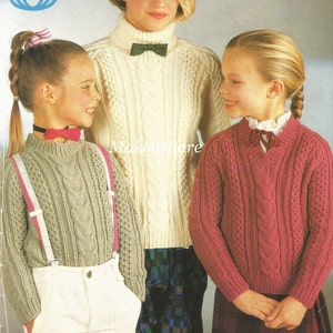 Knitting Pattern Childrens Girls , Boys , Polo Neck ,Crew Neck ,V Neck , Sweater Jumper ,Pullover Aran ,Worsted , 10Ply Size 24-32in 61-81cm