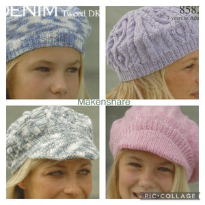 May include: Four different knitted hats in various colors and patterns. The hats are shown on models with different hairstyles. The hats are all made with a soft, textured yarn. The hats are perfect for keeping warm in the winter.