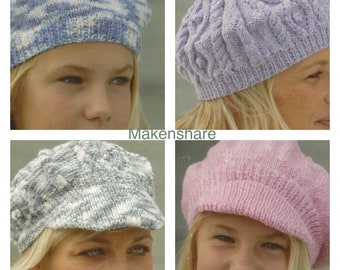 Knitting Pattern Ladies Hat Pattern Woman's Hat knitting ,Girls Hats Knitting Pattern,Peak Cap & Berets Age 7 to Adult  DK/ Light Worsted