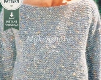 May include: A light blue long-sleeve sweater with a boat neckline and a textured knit pattern featuring small white and tan flecks throughout the fabric. The image includes a circular badge with the text PDF PATTERN and INSTANT DOWNLOAD.