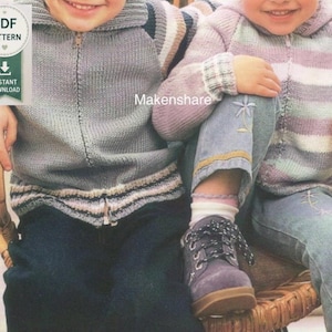 May include: A PDF pattern for two knitted zip-up hoodies. One hoodie is solid grey with a striped hem, and the other features horizontal stripes in shades of purple, white, and green. The image includes the text PDF PATTERN INSTANT DOWNLOAD.