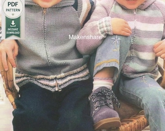 Könnte beinhalten: Ein PDF-Schnittmuster für zwei gestrickte Kapuzenpullover mit Reißverschluss. Einer ist einfarbig grau mit gestreiftem Saum, der andere hat horizontale Streifen in Lila, Weiß und Grün. Das Bild enthält den Text PDF PATTERN INSTANT DOWNLOAD.