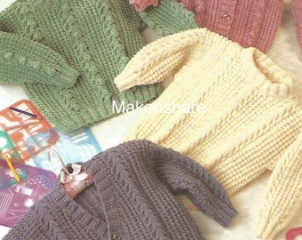 May include: Four knitted baby cardigans in different colors: green, pink, cream, and purple. Each cardigan features a cable knit pattern and button closure.