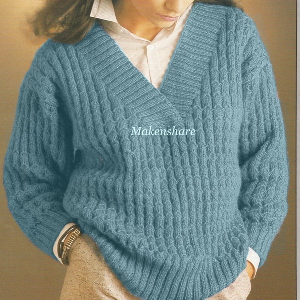 Knitting Pattern Ladies/Woman’s Deep V Neck Jumper / Sweater / Pullover  Double Knitting/  Light Worsted  / 8 Ply Size 32-38in 81-97cm