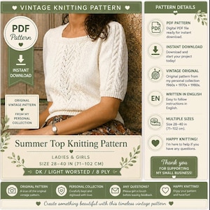 May include: A digital knitting pattern for a cream-coloured short-sleeve top with a square neckline and cable knit details. The document includes text specifying it is a vintage pattern for sizes 71-102 cm, written in English for DK weight yarn.