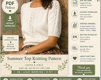 Könnte beinhalten: Eine digitale Strickanleitung für ein cremefarbenes Kurzarm-Oberteil mit quadratischem Ausschnitt und Zopfmuster-Details. Das Dokument enthält Text, der angibt, dass es sich um eine Vintage-Anleitung für Größen 71-102 cm in englischer Sprache handelt.
