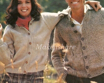 May include: Two knitted cardigans, one in a light beige color and the other in a brown and beige mottled color. Both cardigans have a button-up front and a collar.