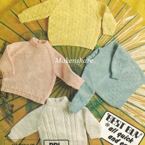 Puede incluir: Cuatro jerséis de punto para bebé en diferentes colores y patrones. Los jerséis están dispuestos sobre un fondo amarillo y verde. Los jerséis están hechos de hilo de nylon Courtelle. El texto 'Best Buy * all quick and easy' es visible en la esquina inferior derecha de la imagen.