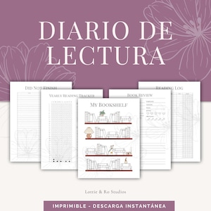 May include: A printable reading journal with a black and white design. The journal includes sections for "Did Not Finish", "Yearly Reading Tracker", "My Bookshelf", "Book Review", and "Reading Log". The journal is titled "Diario de Lectura" in Spanish.