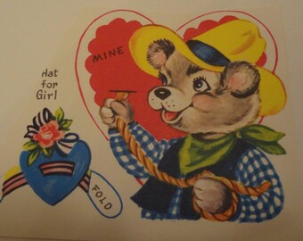 Cards ~ Vintage Children's Valentine Day Card 1960's Bear Roping Hat? Unused
