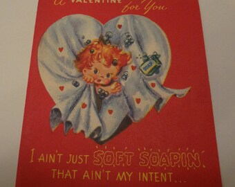 Cards ~ Vintage Valentine Day Card Used 1940's Child peaking out of heart shaped shower curtain