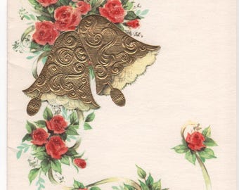 Cards ~ Vintage Wedding Anniversary card gold bells pink flowers with envelope