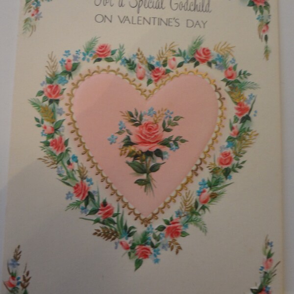 Cards ~ Vintage Valentine Day Card for Godchild Large Pink heart with raised gold trim and pink flowers Unused with envelope 1960's