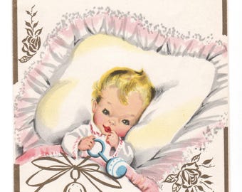 Cards ~Vintage Baby Christening card Yellow Hair Baby with pink & blue accents (with envelope)