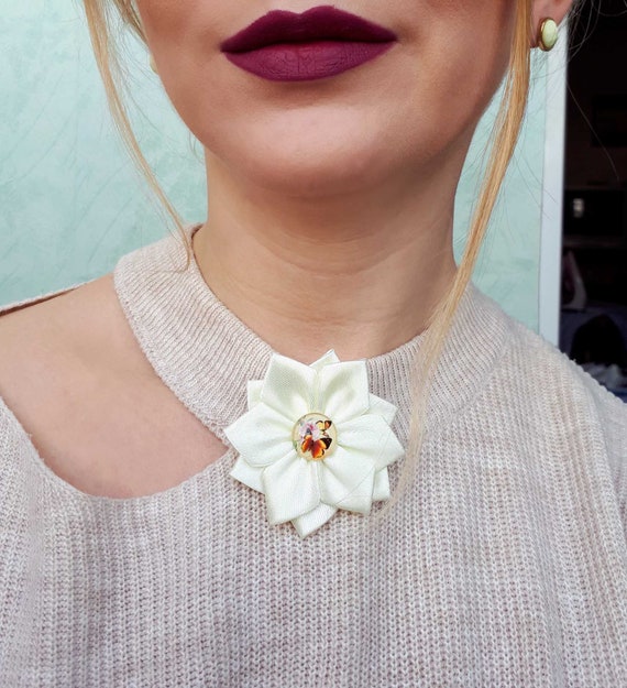 Ivory Handmade Flower Neck Brooch Etsy
