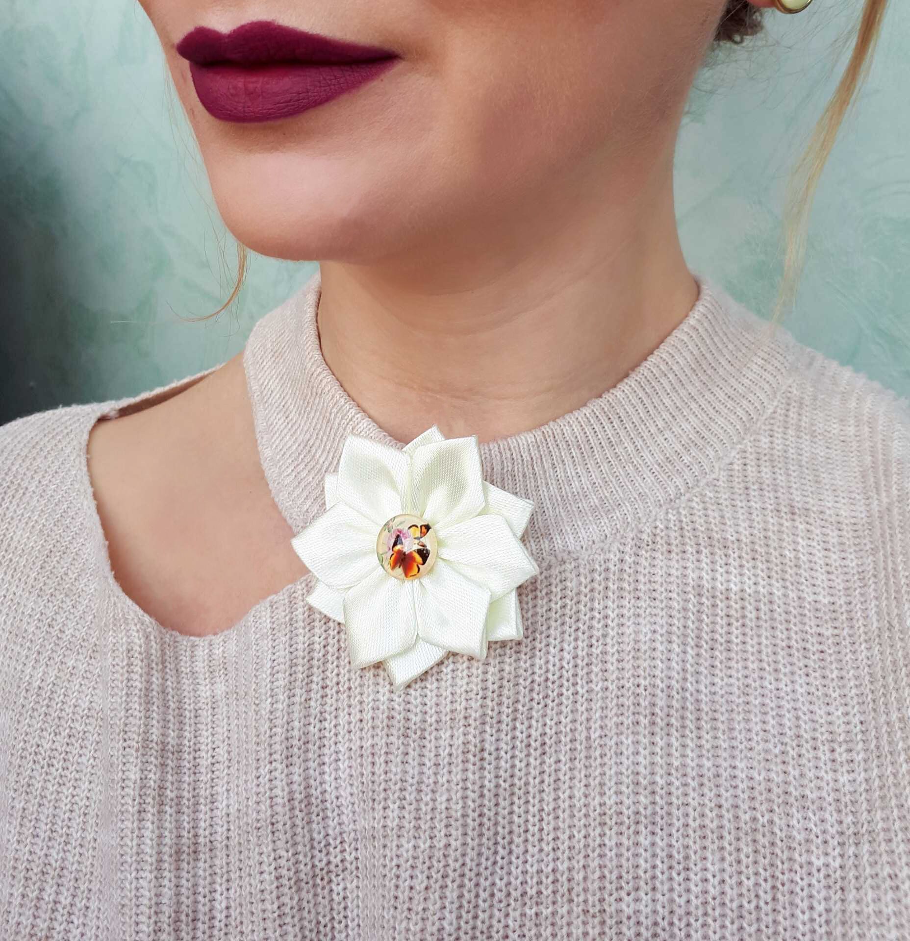 Ivory Handmade Flower Neck Brooch Etsy