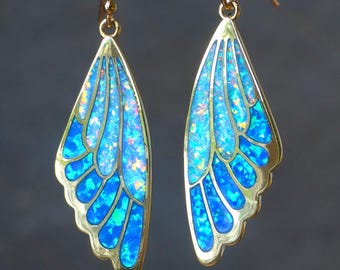 Opal butterfly wing earrings, blue opal earrings dangle, dangle earrings, dangle and drop earrings, gold earrings, gift for her