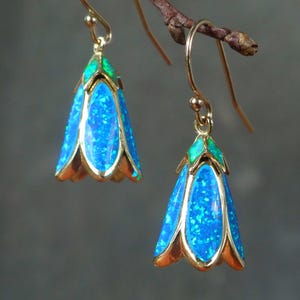 Opal Harebell Dangle Earrings: 14K Gold Filled ear wires, Blue Flower Jewelry