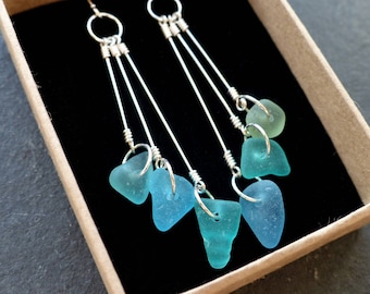 Genuine sea glass earrings, sterling silver, blue green beach glass, long dangle earrings, upcycled eco friendly jewellery, gift for her