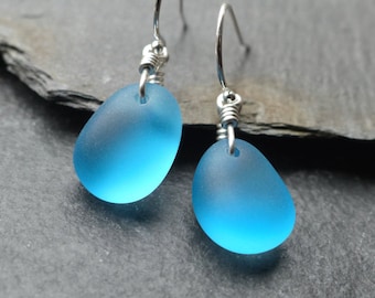 Sea glass earrings, sterling silver, sea glass jewellery, blue earrings, cultured beach glass drop earrings, gift for her