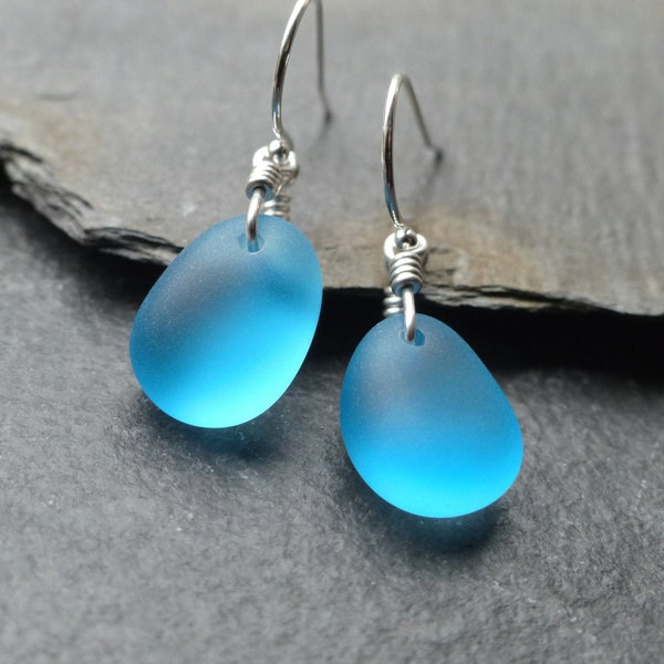 Sea glass earrings, sterling silver, sea glass jewellery, blue earrings, cultured beach glass drop earrings, gift for her