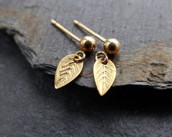 TINY golden leaf stud earrings, dainty earrings, gold earrings, minimalist earrings, dangle earrings, gold drop earrings, leaf earrings