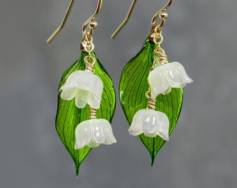 Boucles d'oreilles muguet, argent sterling 925 / or 14 carats, vraie feuille verte en résine, boucles d'oreilles pendantes, boucles d'oreilles pendantes, boucles d'oreilles pendantes