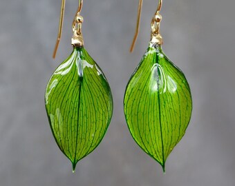 Real green leaf earrings, 14K gold filled / 925 sterling silver dangle earrings, real leaf in resin, green earrings dangle, drop earrings