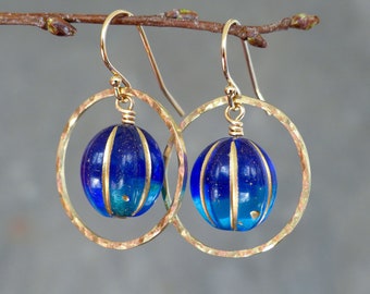 Celestial earrings, Saturn earrings, planet earrings, gold earrings, blue glass earrings, boho earrings dangle, gold drop earrings