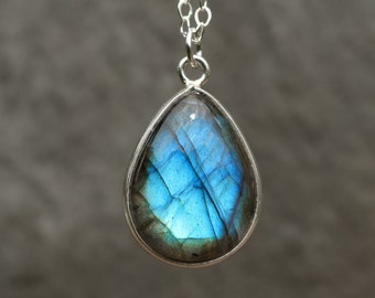 Labradorite necklace, sterling silver teardrop necklace, blue gemstone necklace, boho jewellery, birthstone necklace, gift for women