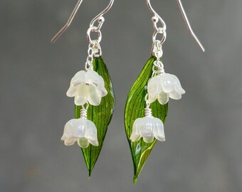 Lily of the valley earrings, 925 sterling silver / 14K gold filled, real green leaf in resin dangle earrings, earrings dangle, drop earrings