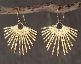 Golden sunburst earrings, gold earrings dangle, statement earrings, fringe earrings gold, boho earrings, gift for her, hammered earrings