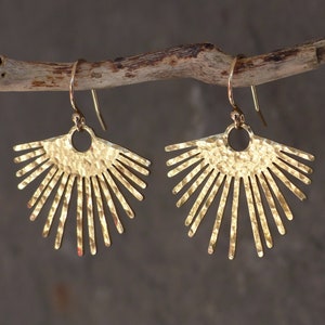 Golden sunburst earrings, gold earrings dangle, statement earrings, fringe earrings gold, boho earrings, gift for her, hammered earrings image 1