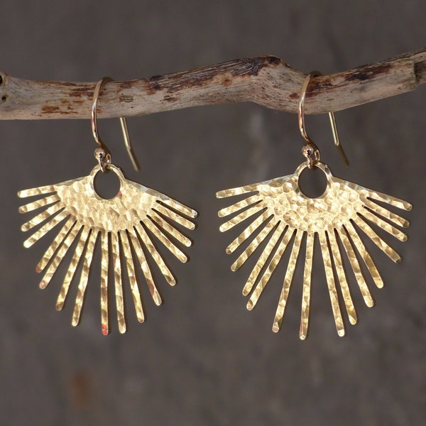 Golden Sunburst Dangle Earrings: Hammered Boho Fringe with 14K Gold Filled hooks