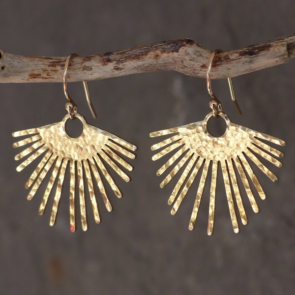 Golden sunburst earrings, gold earrings dangle, statement earrings, fringe earrings gold, boho earrings, gift for her, hammered earrings