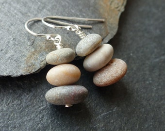 Beach stone earrings, sterling silver, gold, natural stone jewelry, beach pebble earrings, cairn earrings, boho jewelry, nature jewelry