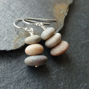 Beach stone earrings, sterling silver, gold, natural stone jewelry, beach pebble earrings, cairn earrings, boho jewelry, nature jewelry image 1